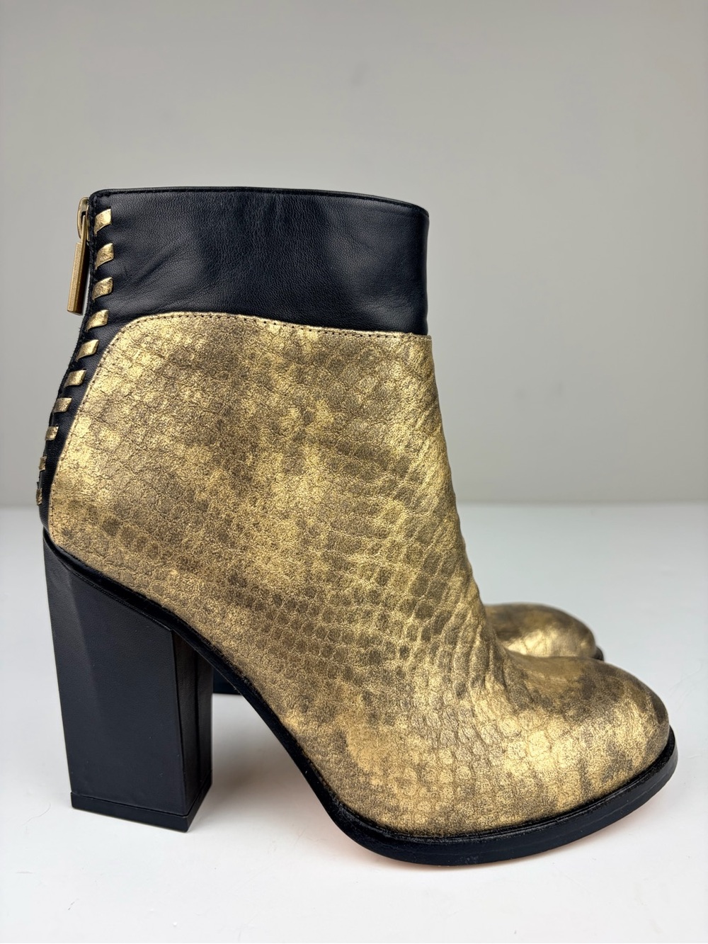 Anthropologie Eight Fifteen Gold Embossed Leather Ankle Boots Block Heel 6